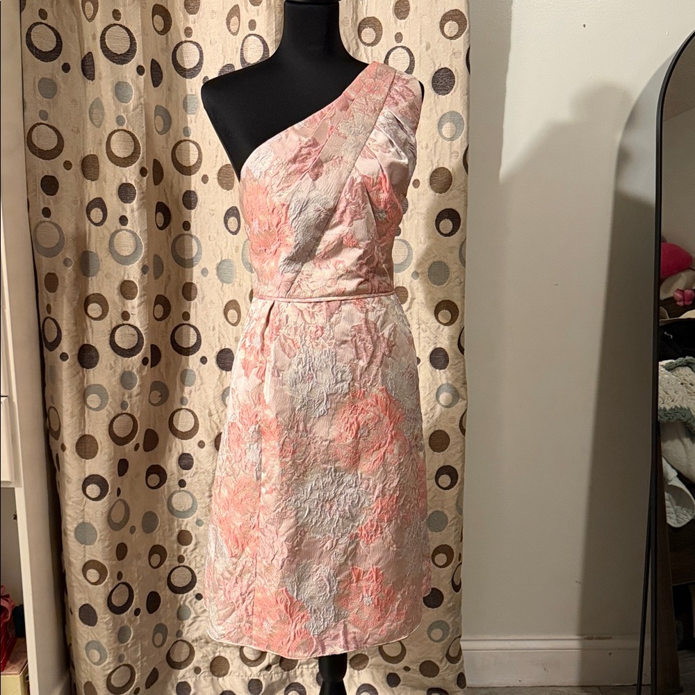 Adrianna Papell One-Shoulder Floral Jacquard Dress in Blush Pink and Cream - Picture 1 of 8